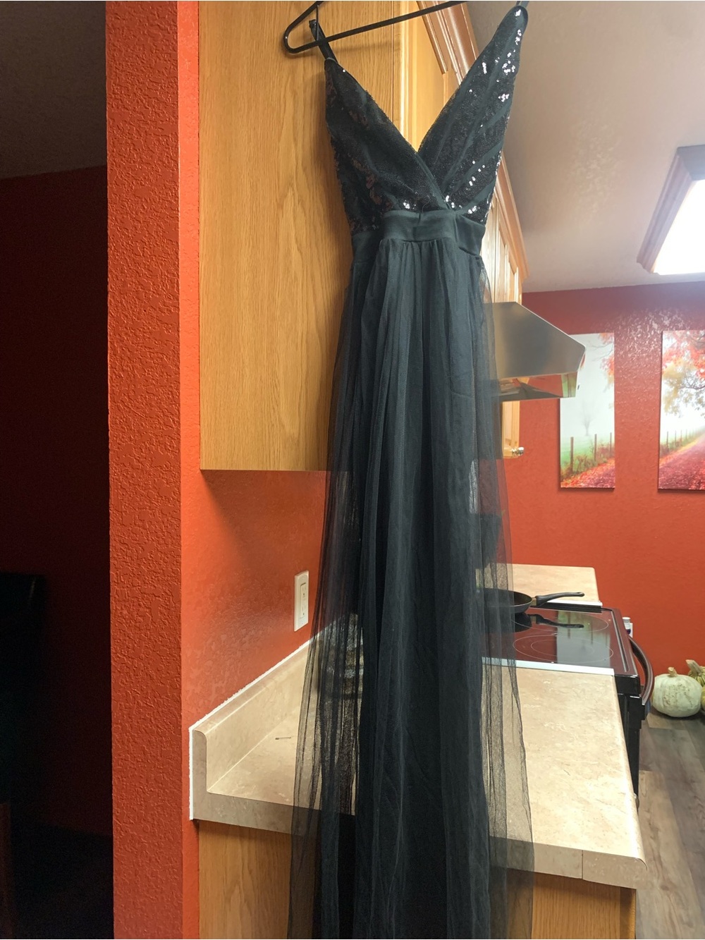 Black Sequin Tulle Prom Gown with V-Neck